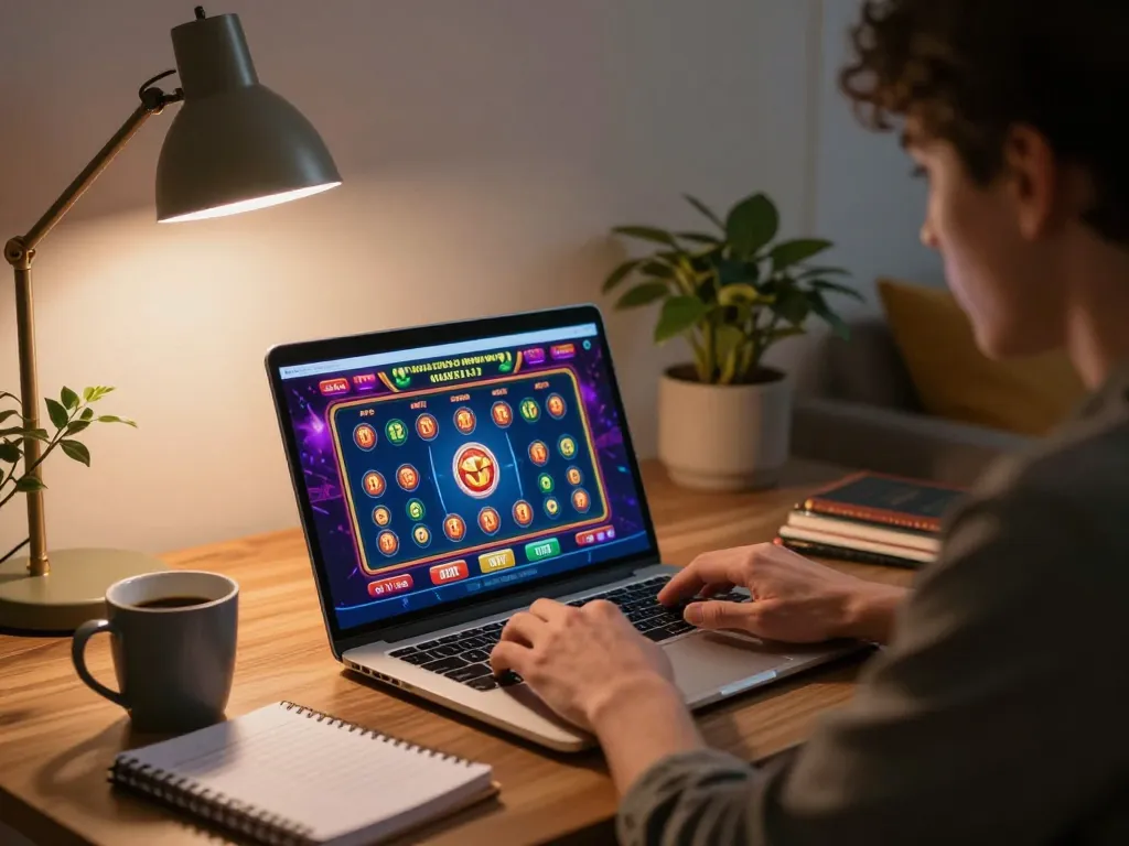Player engaged in thrilling online gaming experience at XX88, showcasing laptop with casino interface and strategy notes.