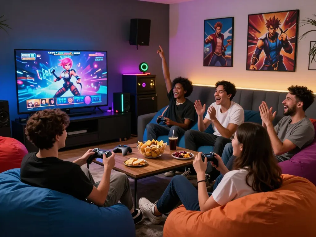 Group enjoying interactive porn games in a vibrant gaming setup.