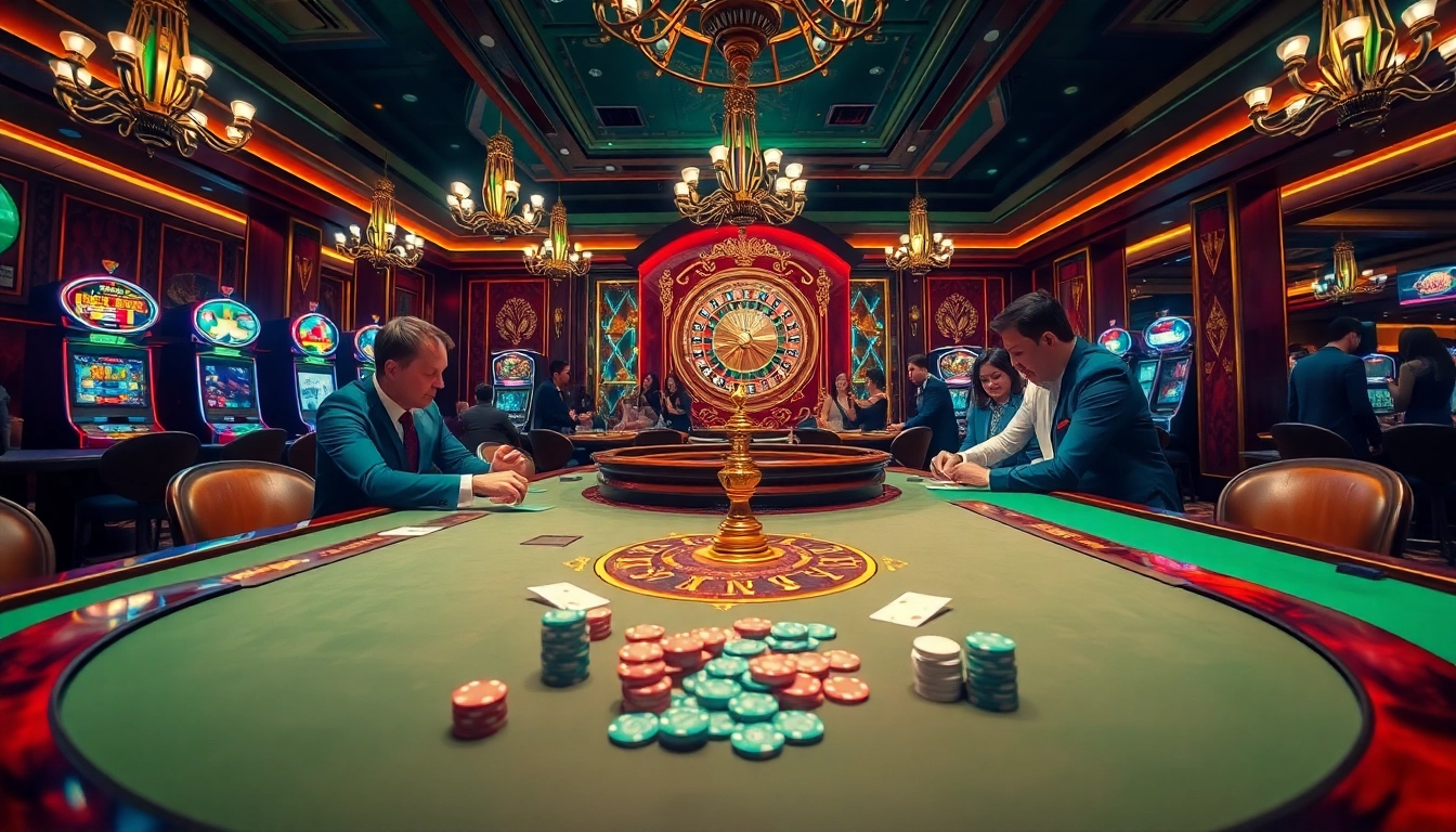 Experience the excitement of gaming at https://hb88z.com/ in a luxurious casino setting with poker tables and slot machines.