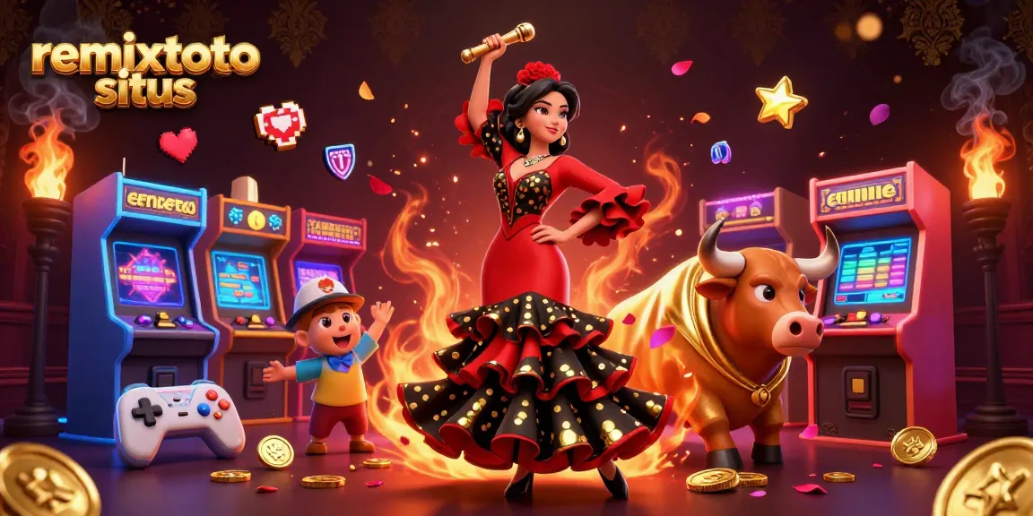 Experience the vibrant remixtoto situs scene featuring a flamenco dancer and a fighting bull amidst dynamic casino elements.