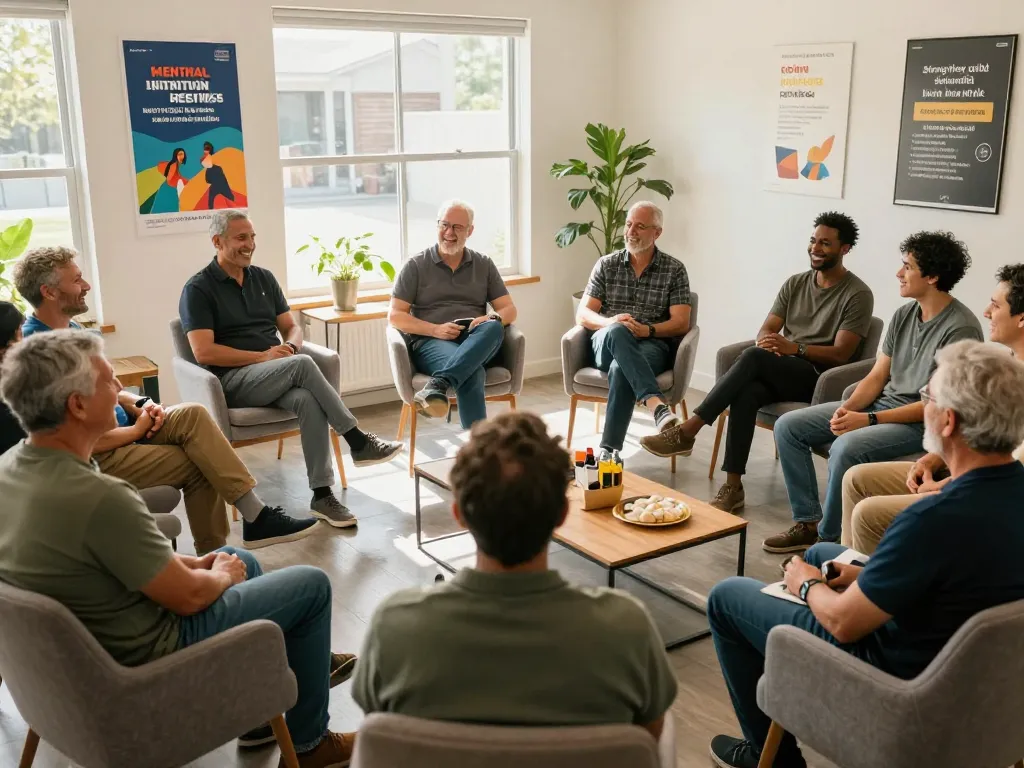 Men engaging in meaningful discussions at a manclub support group.