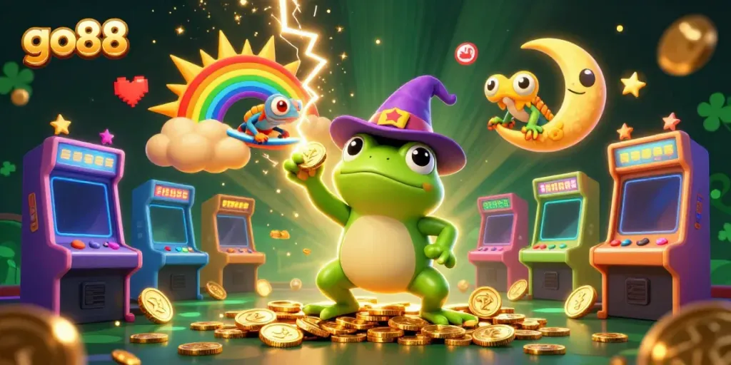 Experience thrilling gameplay with go88 as a wizard frog conjures golden coins amidst colorful arcade elements.