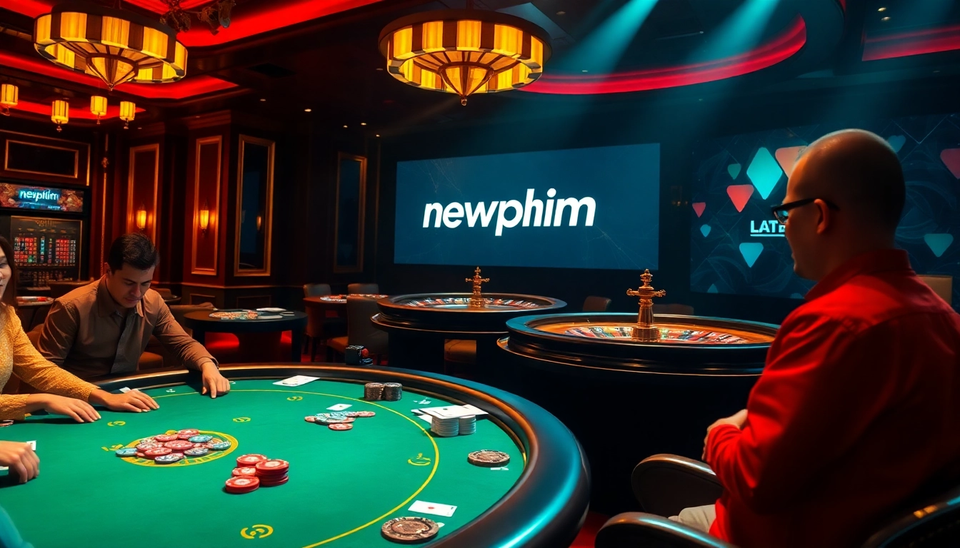 Newphim players strategizing at a poker table in a luxurious casino setting.