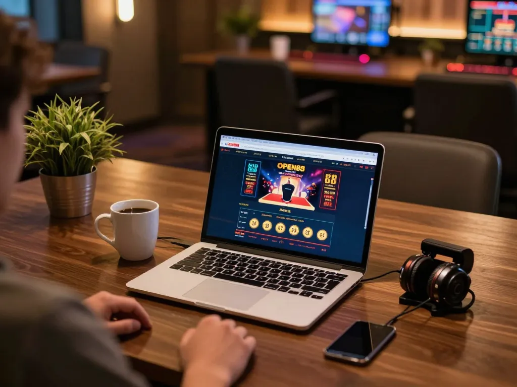 Engaging in online gambling at OPEN88 with a laptop, showcasing a cozy and strategic betting experience.