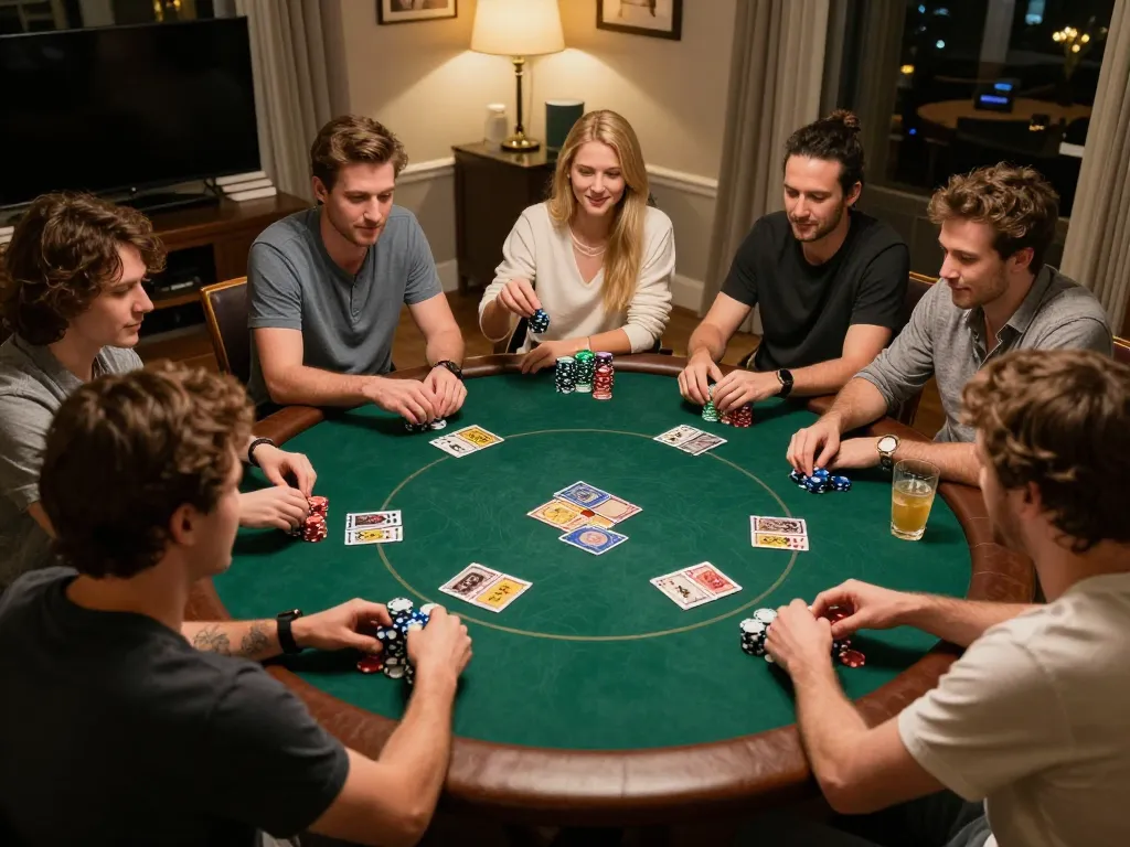 Friends enjoying a lively poker game at home, focused on game bài đổi thưởng uy tín with chips and cards visible.