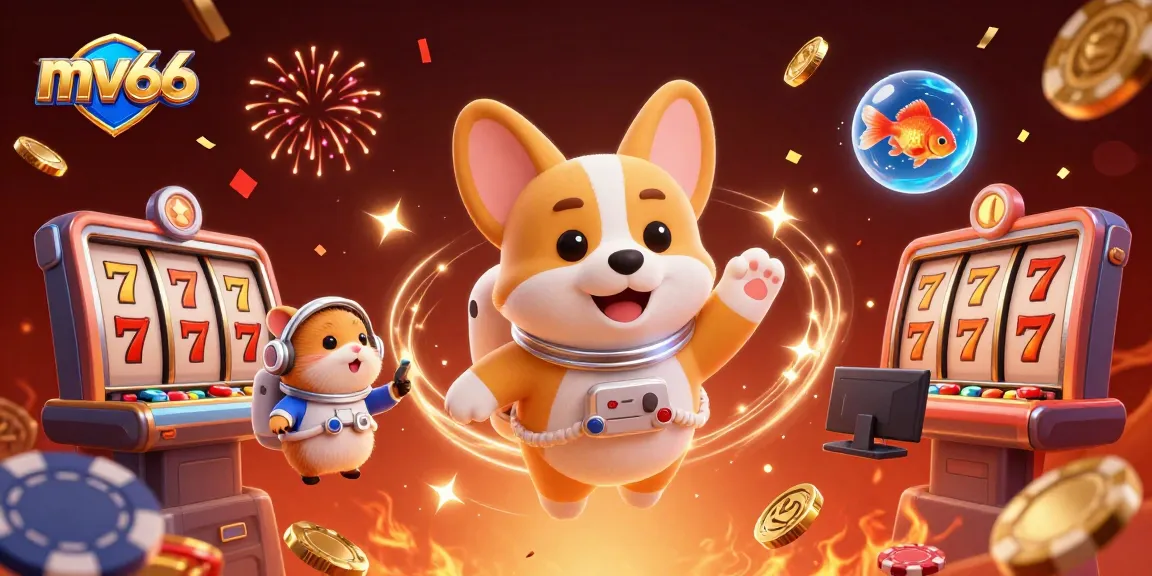 Experience the thrill of mv66 with a playful astronaut corgi and dynamic casino elements.