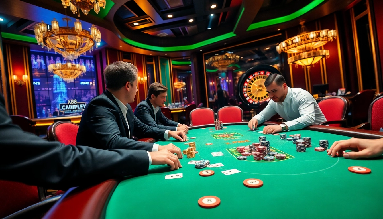 X88 casino scene with poker players, chips, and roulette wheel, reflecting high-stakes excitement.
