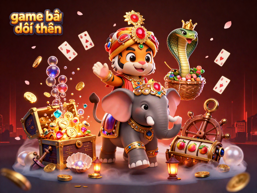 Engage with game bài đổi thưởng in a vibrant 3D casino scene featuring a royal elephant and treasure.