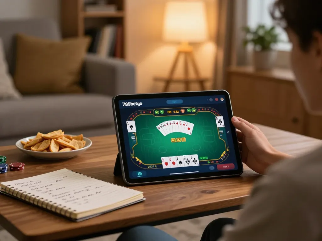 Engaging gaming scene with a player using the 789betgo app for online gambling strategies at home.