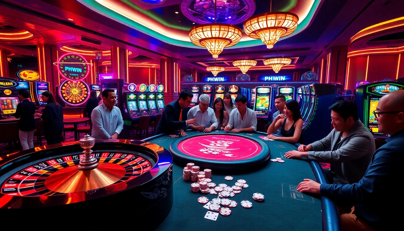 PHWIN casino players enjoying an exciting game at a vibrant roulette table.