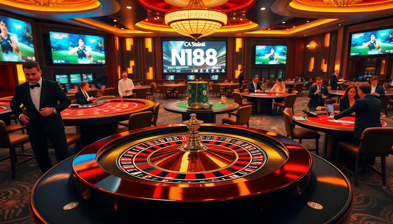 Exciting scene from https://n188.bid/ featuring roulette and lively gamblers in a luxurious casino setting.