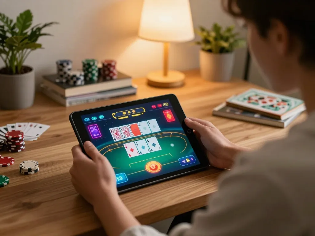 Engaging player enjoying online poker at https://max88sss.com/ with dynamic gameplay on tablet in cozy setting