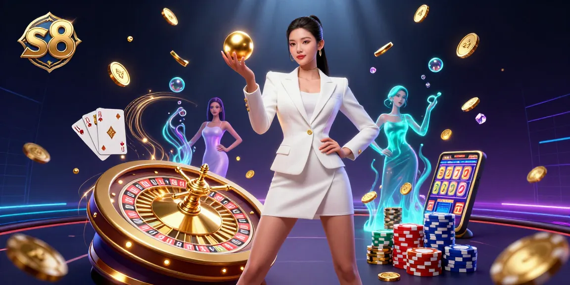 S8 slots launch showcasing a glamorous Asian woman in casino attire holding a roulette ball.