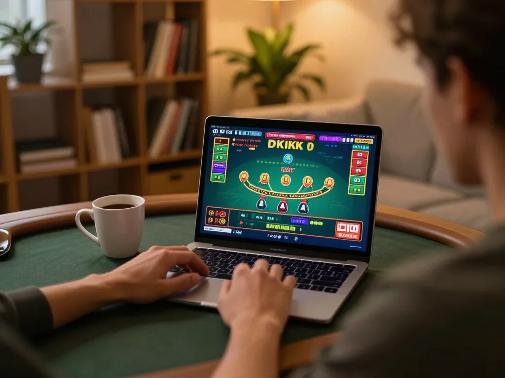 Person playing Blackjack on OK365 at home, showcasing online gaming excitement and strategy.