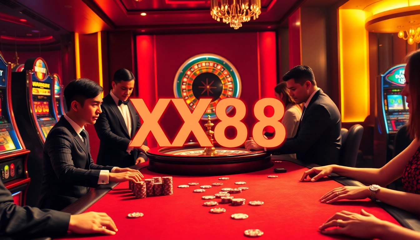 Experience the thrill of poker games at XX88 casino with vibrant chips and cards.
