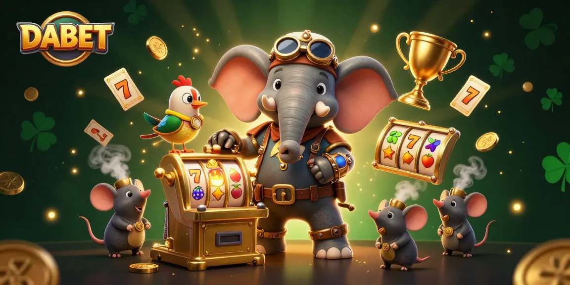 DABET players win big at a vibrant slot machine surrounded by steampunk elements and golden trophies.