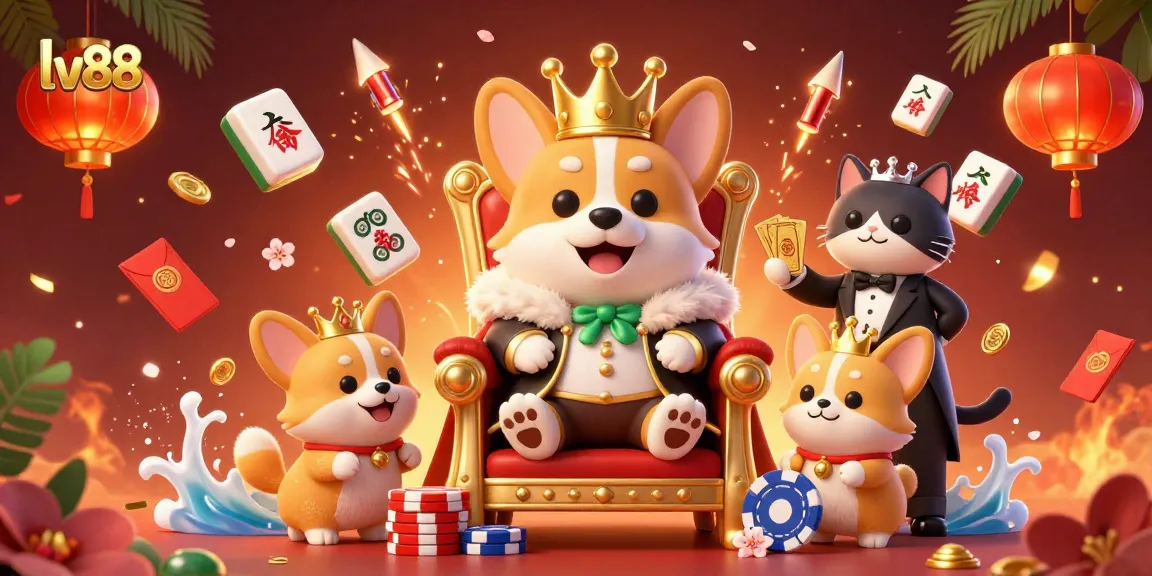 Experience the lively lv88 casino with royal corgi characters surrounded by colorful gambling elements.