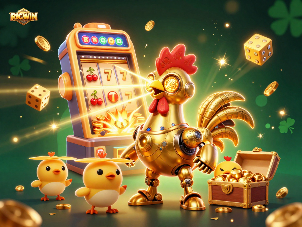 Win big with RICWIN at a vibrant casino scene featuring a golden rooster robot, slots, and jackpots.