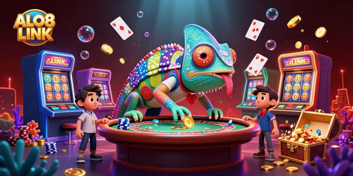 Engage with ALO8 LINK to experience a vibrant casino scene, where a colorful chameleon captures golden coins.