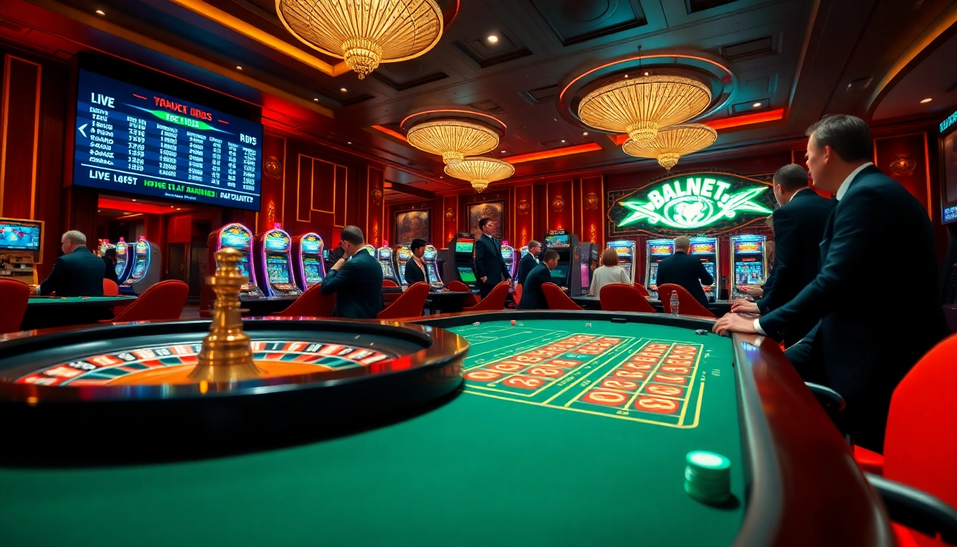Excitement of gambling at https://8kbet8.asia/ with vibrant casino atmosphere, featuring roulette and poker.