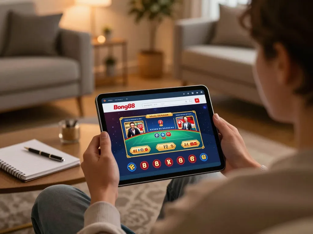 Bong88 user engaging with online casino games on a tablet in a cozy home setup.