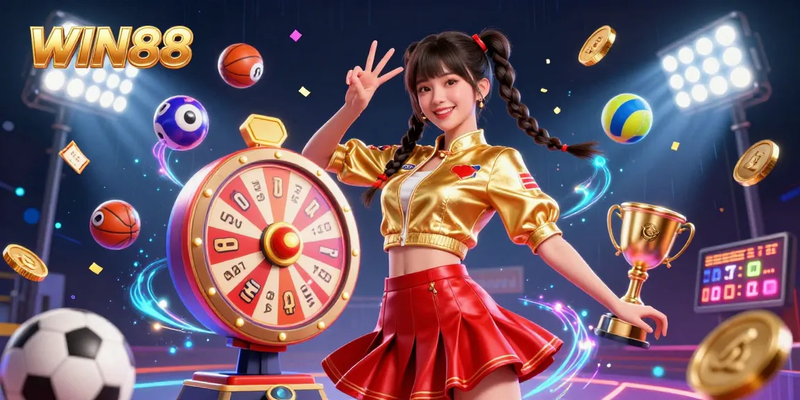 Engage with WIN88's thrilling casino adventures featuring vibrant lottery elements and a lively Asian character.