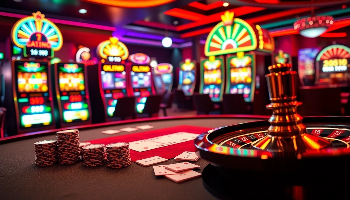 Experience the thrill of 98 win at a vibrant casino, featuring poker chips and exciting slot machines.