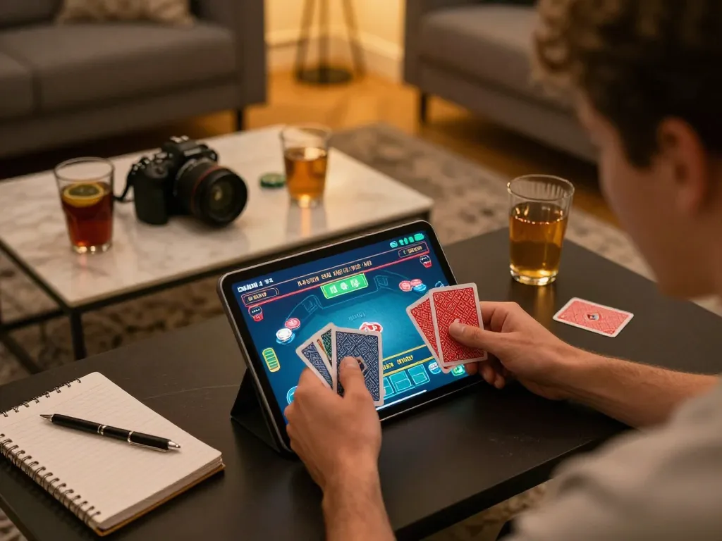Play poker at home with vs555 using tablet in a cozy, strategic setting