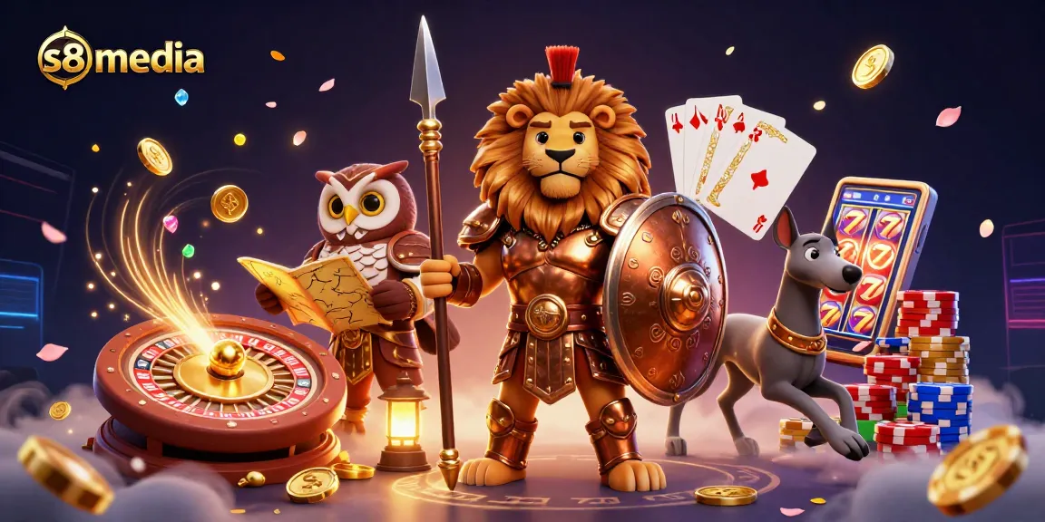 Play with s8media's epic 3D casino scene showcasing a Spartan lion, tactical owl, and swift greyhound amidst golden coins and roulette excitement.