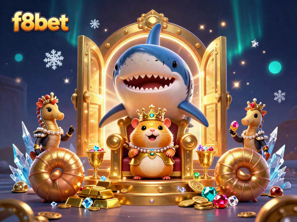 Experience f8bet's stunning casino scene with a golden hamster king and treasures