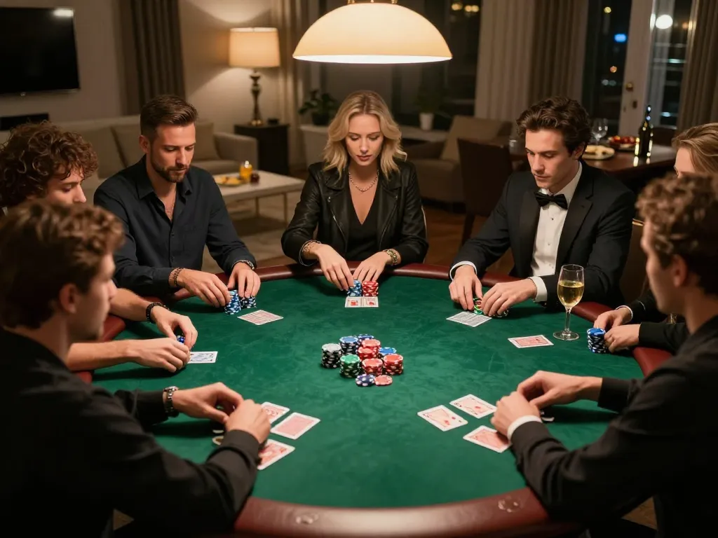 Friends enjoying a poker night at home, showcasing strategic gameplay with engaging elements, related to sc88.com.