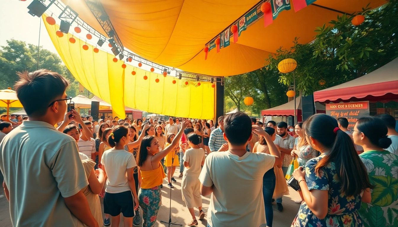 Nắng Cực summer concert scene with diverse crowds enjoying music, vibrant outdoor atmosphere.