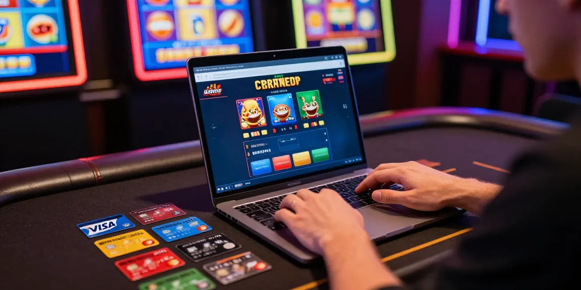 Player enjoying games at casinos that accept credit cards with multiple credit cards on the desk.