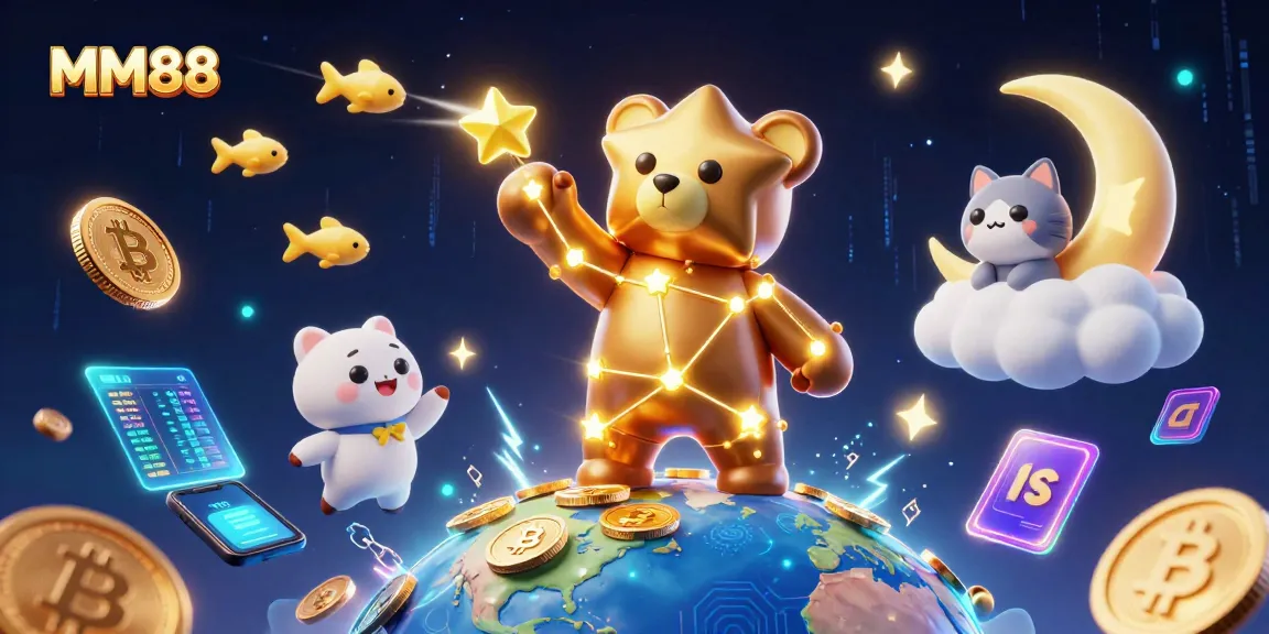 Immerse in the vibrant MM88 universe as the constellation bear scoops up coins amidst dynamic neon elements.