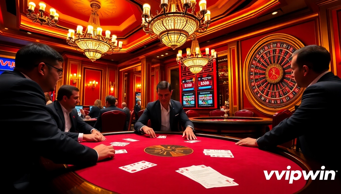 Experience thrilling poker action at vipwin with professional gamblers at a vibrant casino.