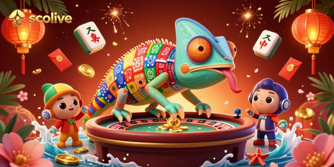 Socolive brings vibrant energy to the online gambling scene with a dynamic chameleon owner and festive decorations.