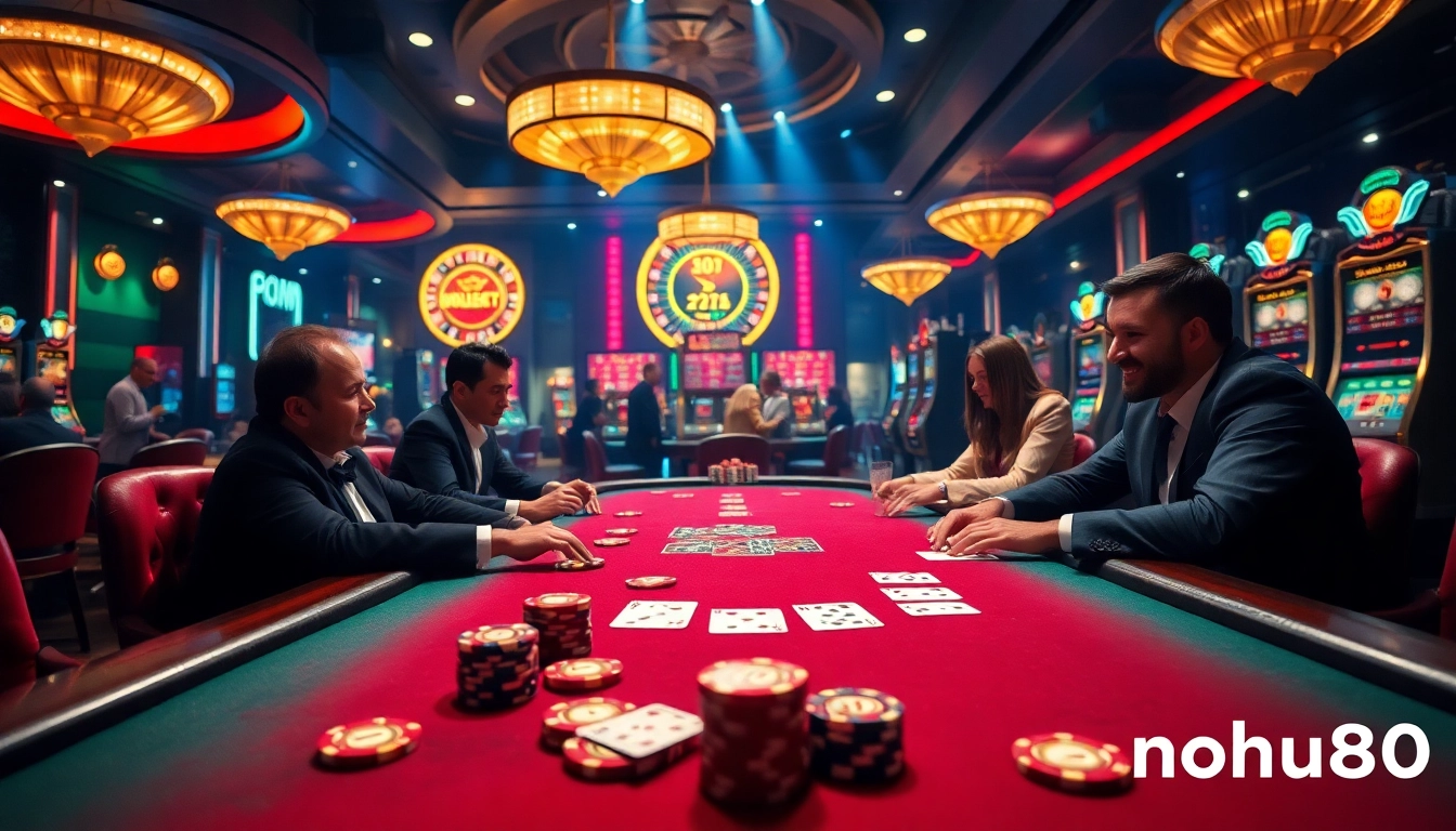 Experience the excitement of nohu90 at a luxurious poker table with vibrant casino elements.