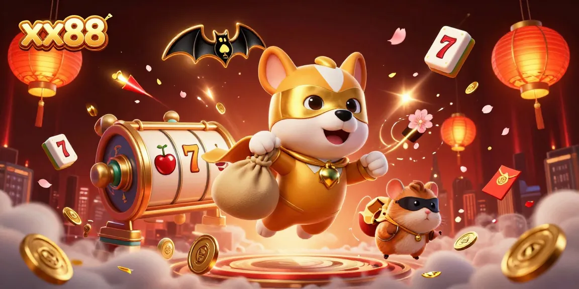 Experience exhilarating gaming with xx88's lively cartoon heroes amidst vibrant casino elements.