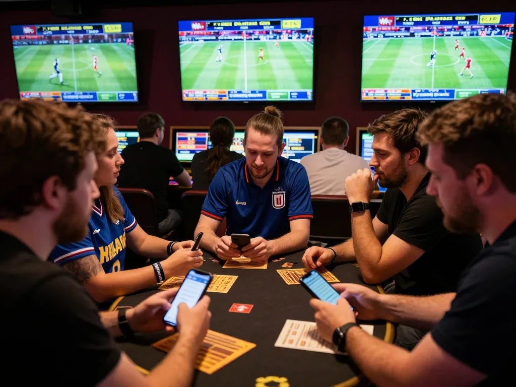 Watch live sports betting action at a venue with sunwin enthusiasts discussing bets and using mobile devices