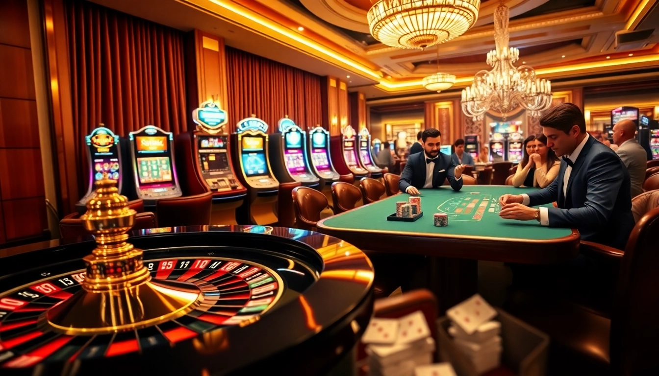 Engaging players at a luxurious casino scene showcasing excitement at https://32wingroup.com/ with roulette and poker tables.