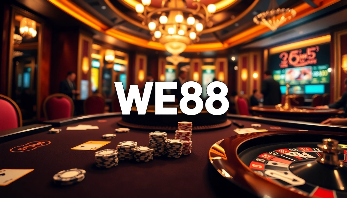 WE88 logo showcased on a vibrant casino table with chips and cards in an exciting atmosphere.