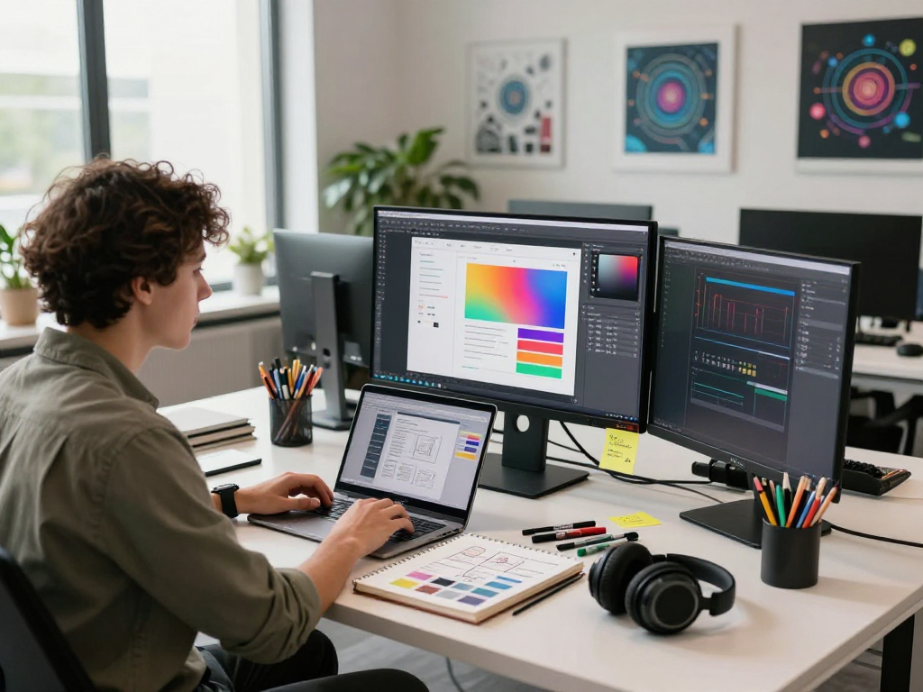 Designer collaborating on vibrant UI designs in tech workspace, ia +18.