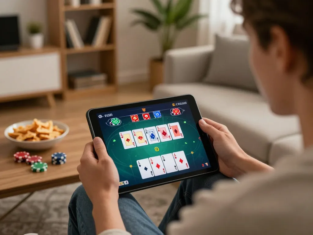 Play online poker at https://9bet9.in.net, person enjoying gaming on a tablet in a cozy living room.
