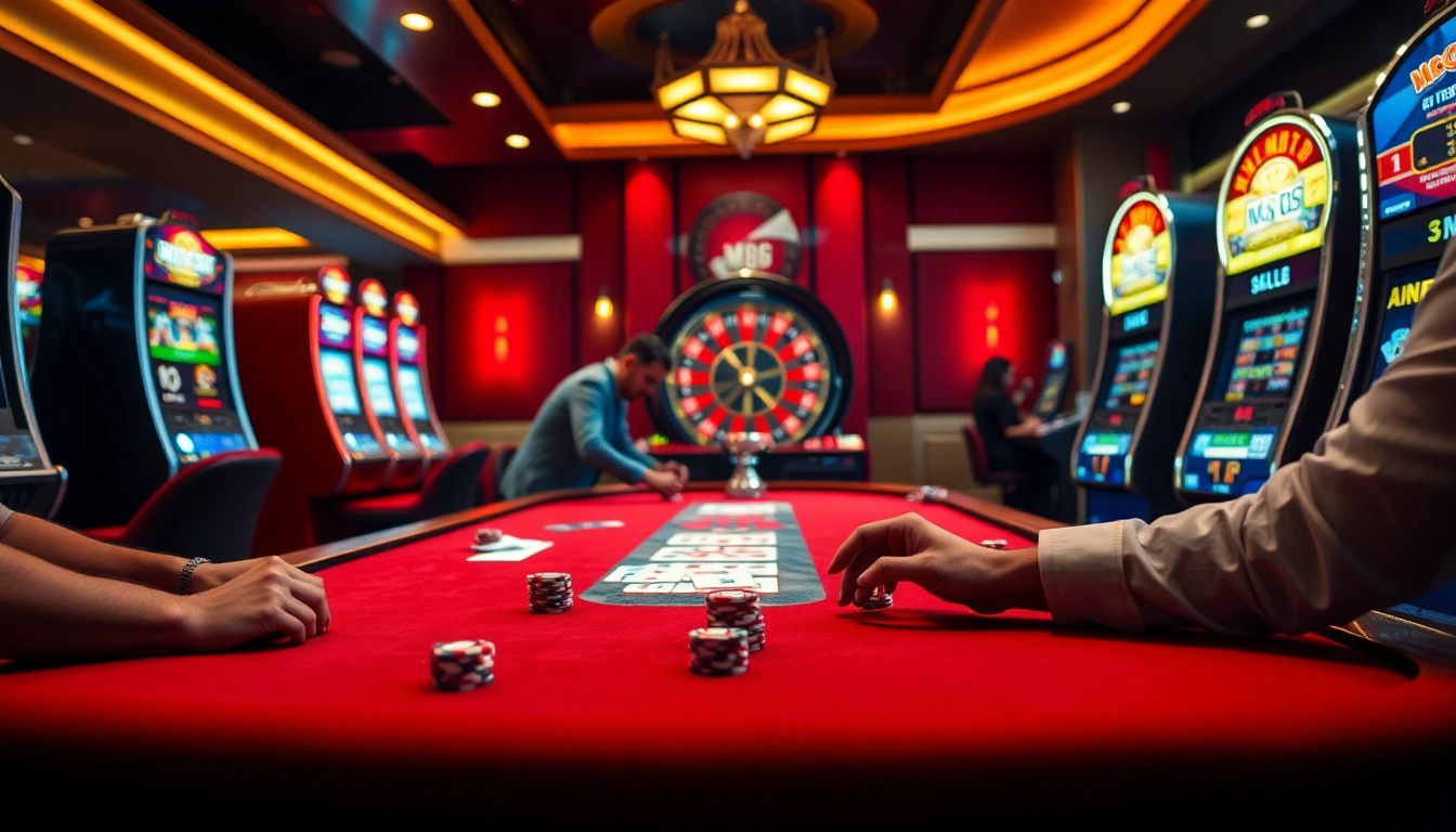 Play thrilling games at MB66 with an exciting casino atmosphere featuring poker tables and vibrant slots.