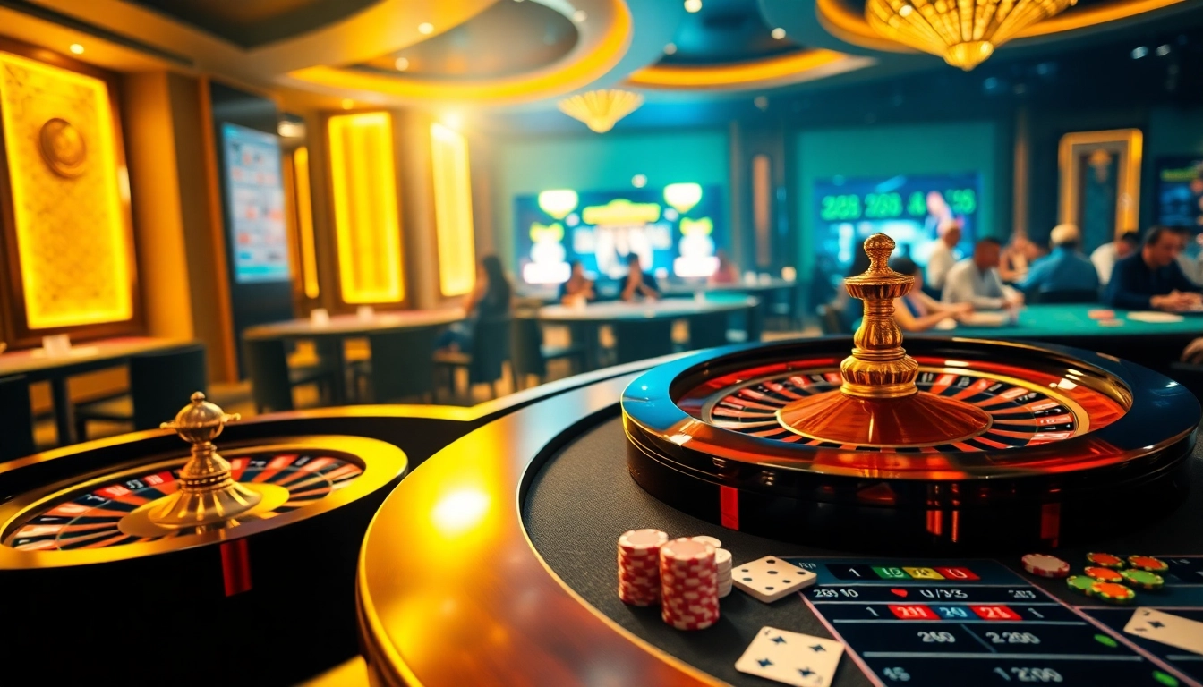 High-stakes gambling at nhà cái u888's luxurious casino tables, featuring roulette and card games.