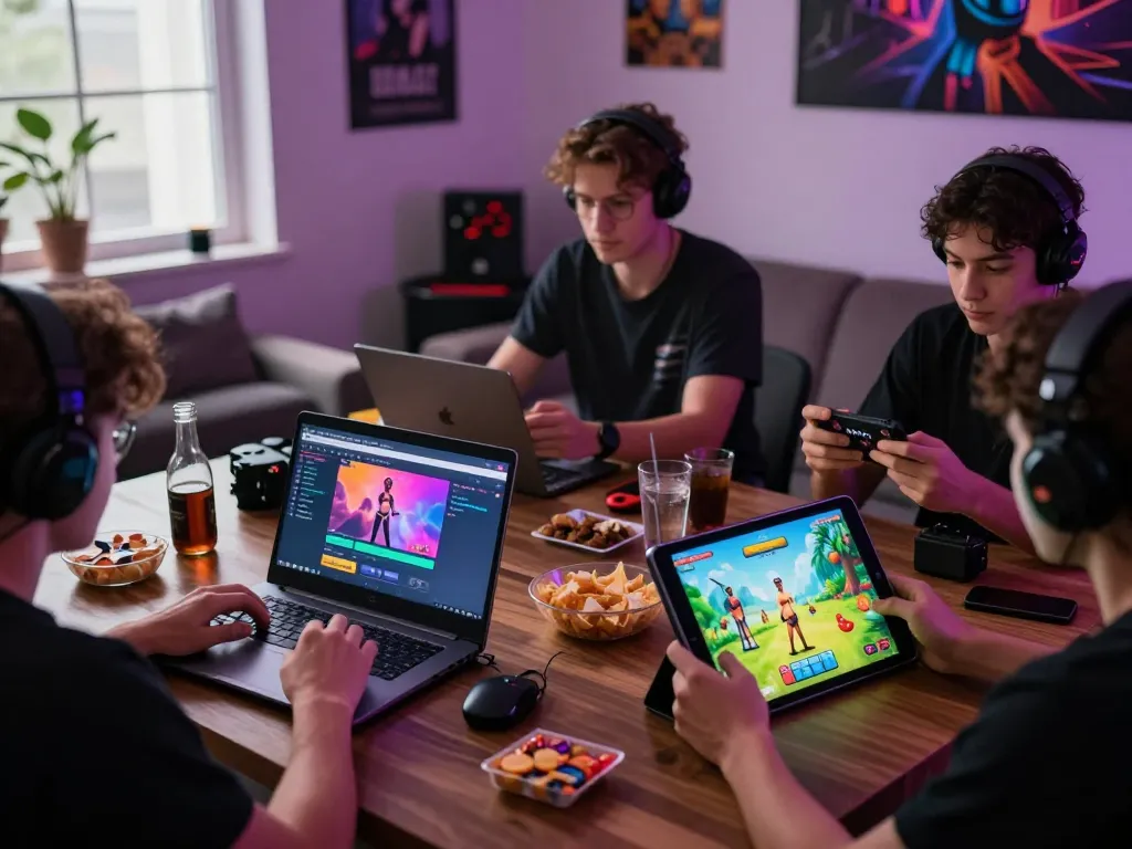 Engaged players enjoying various porn games on devices in a vibrant gaming setup.