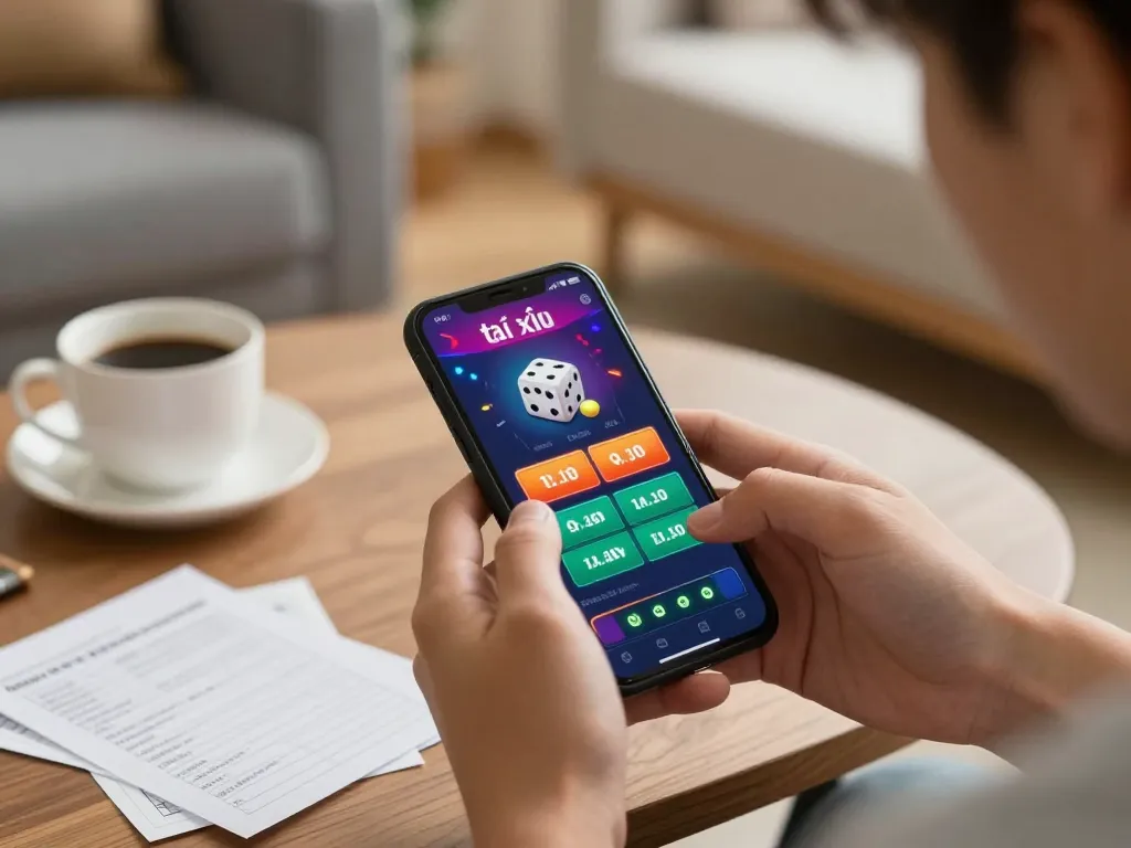 Tai xiu online uy tín gameplay on smartphone with vibrant graphics and strategic notes in cozy setting