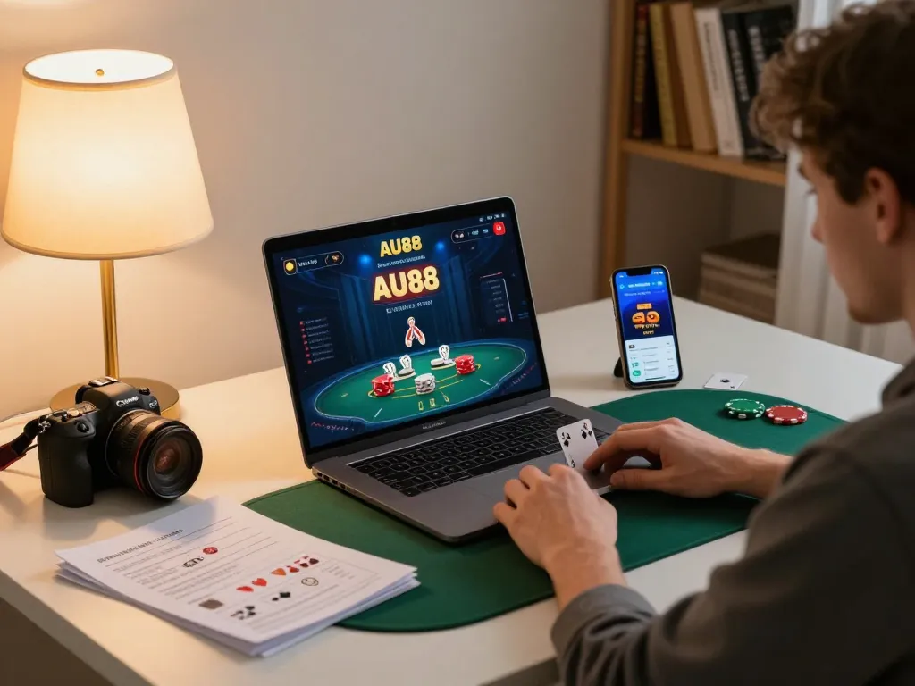 Engaged player using AU88 app on laptop, surrounded by betting notes and coffee.