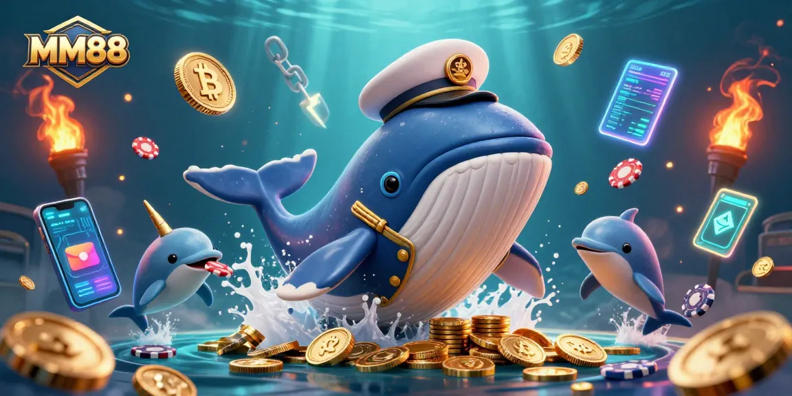 Engage in MM88's exciting casino experience with a vibrant, dynamic 3D scene of a whale and companions.
