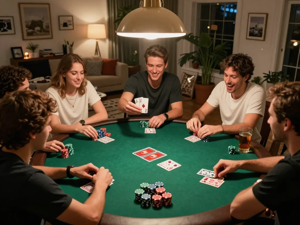 Friends enjoying a thrilling poker night at home, showcasing chips and winning hands with 888NOW for a competitive atmosphere